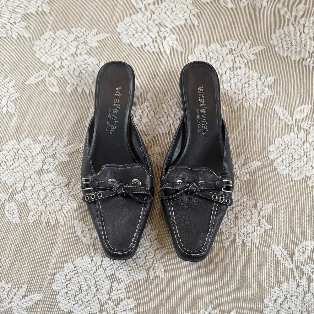 Vintage Y2K What’s What Aerosoles Black Leather Bow Mules Size 6.5